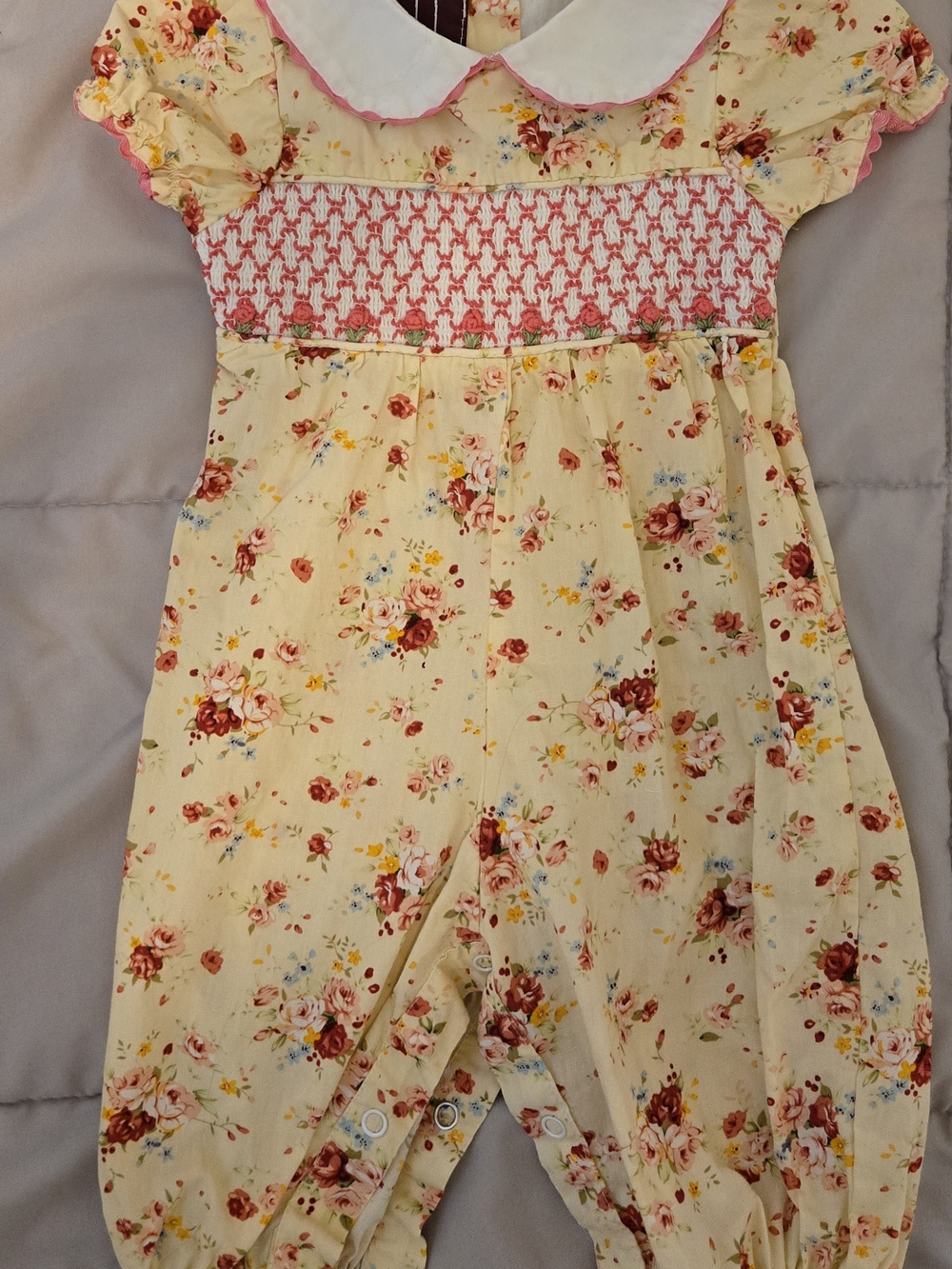 Girls Yellow Floral Smocked Romper with Peter Pan Collar